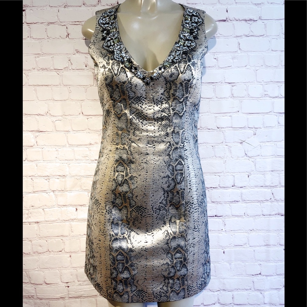 Shelli Segal Metallic snakeskin dress rhinestones